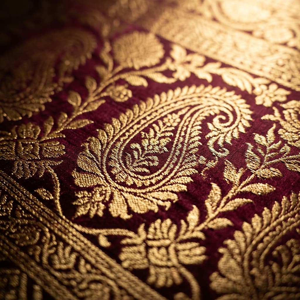 Close-up of Banarasi silk zari weaving with golden thread patterns on maroon fabric